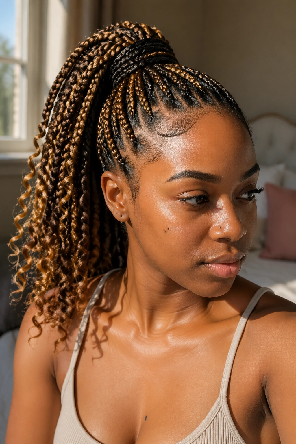 Close-up of a real woman with a sleek high ponytail of brown and honey blonde box braids