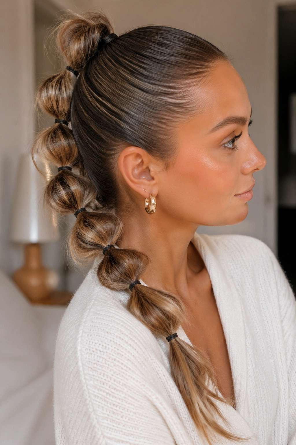Close-up profile of a real person with sleek roots and messy bubbles