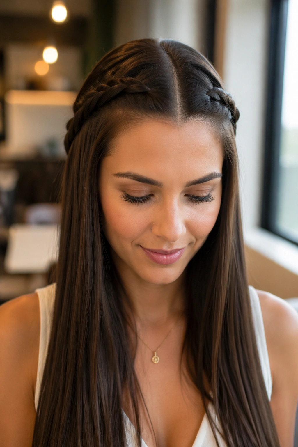 Portrait of a real person with sleek rope braids on straight hair.