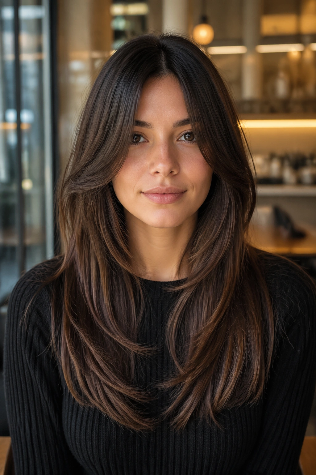 Close-up of a real woman with sleek long shag and hidden internal layers in a cozy cafe