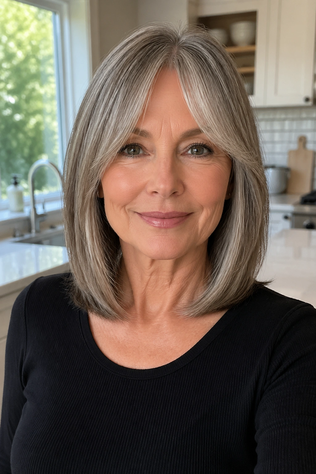 Real woman with sleek shoulder-length cut and curtain fringe in a bright room