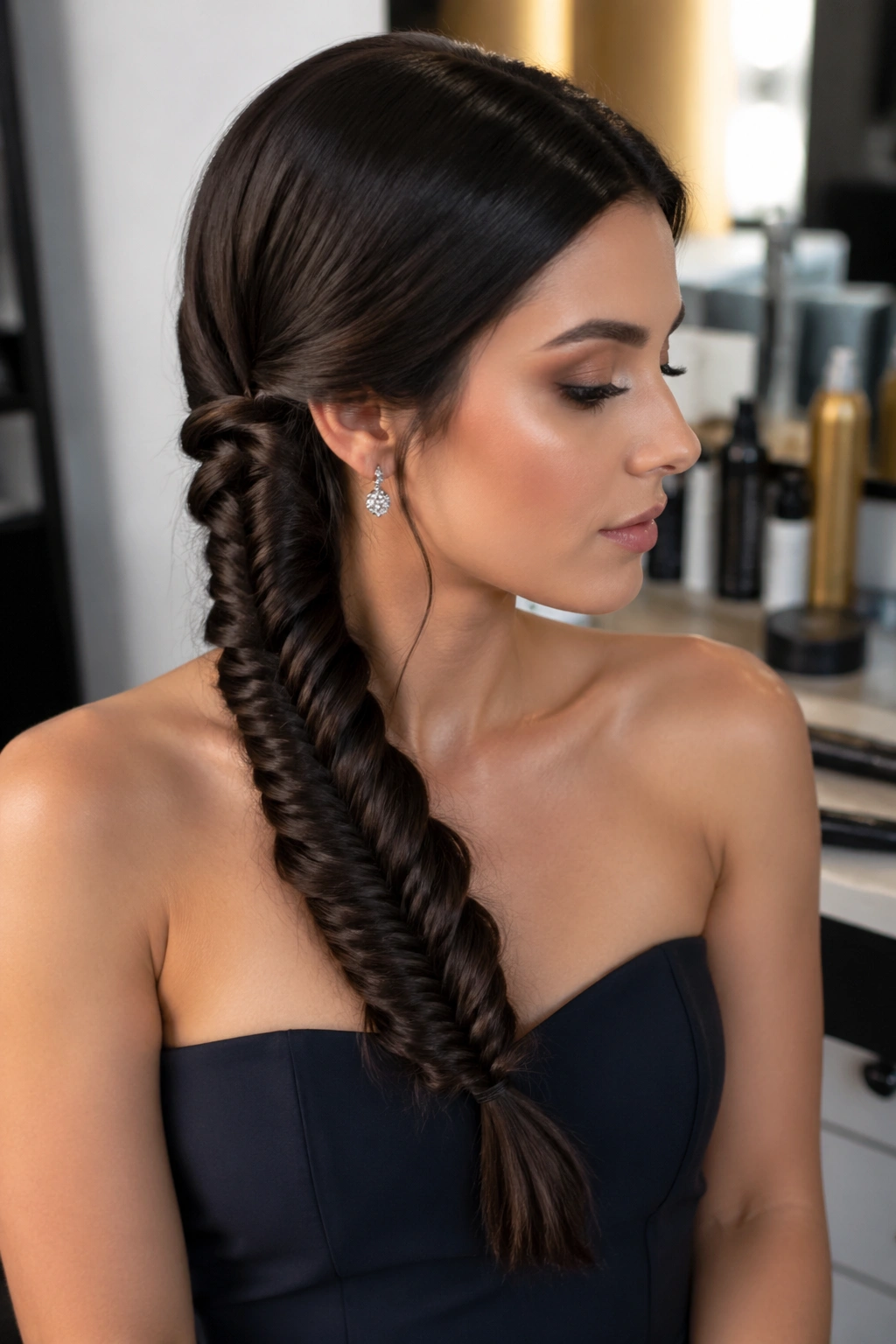 Close-up of a real woman with a sleek side fishtail braid across the shoulder.