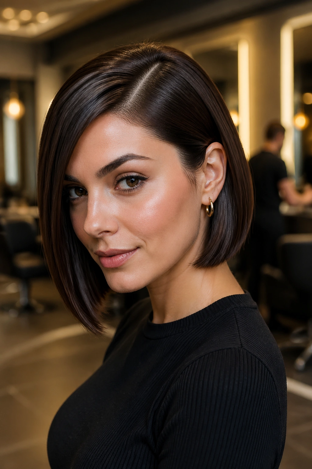Close-up of Sleek Side-Part Bob with Dark Chocolate Gloss on a real person under warm salon light