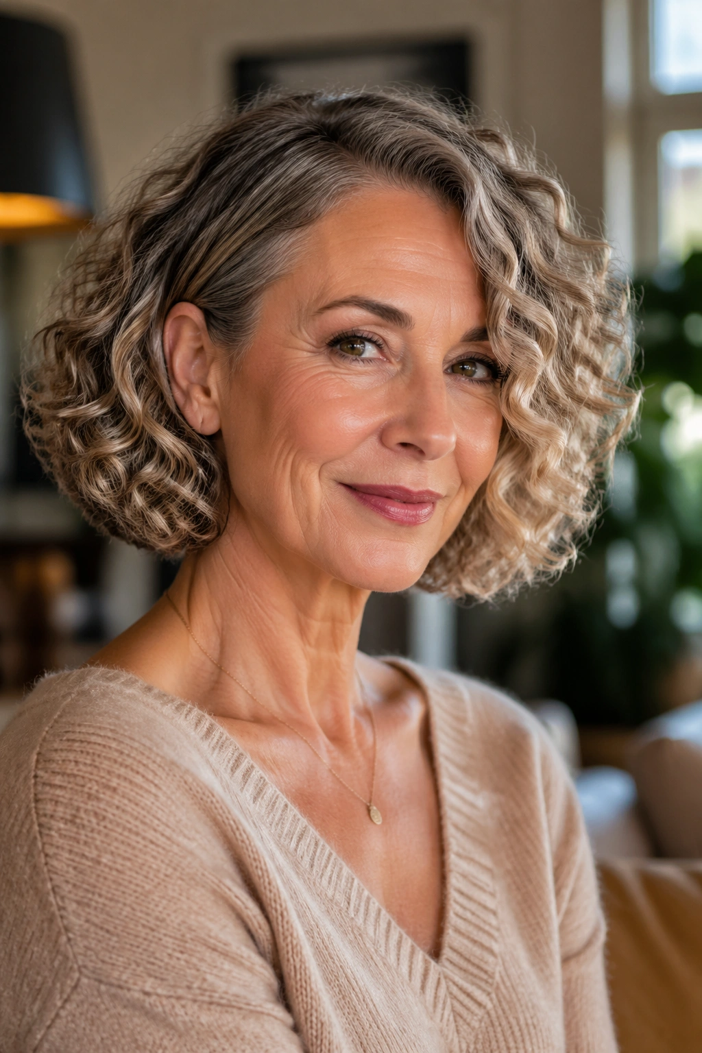 Close-up portrait of a real woman with a sleek side-part bob and defined curls.