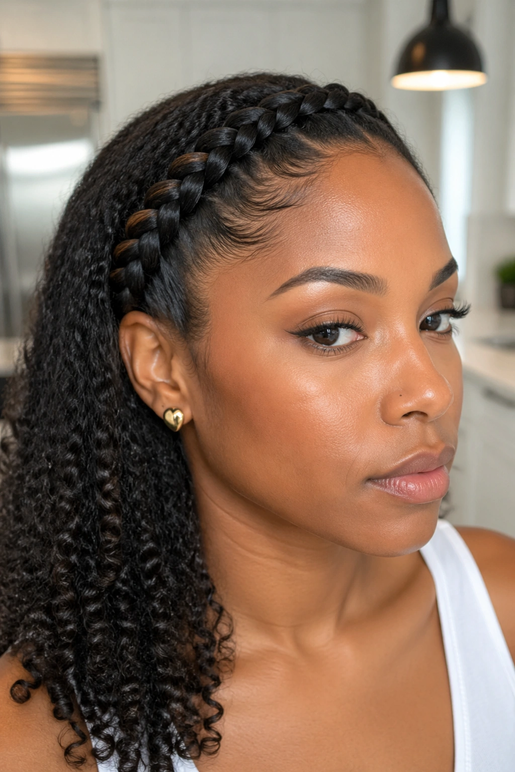 Close-up of a real woman with a sleek side rope braid for wash-and-go stretch