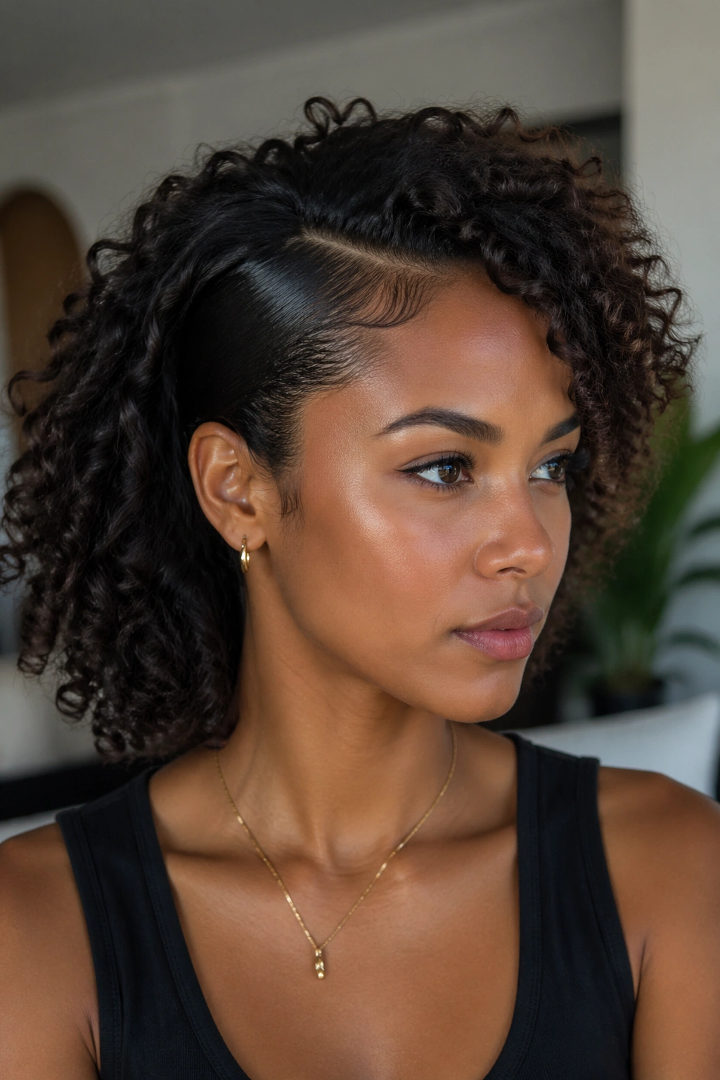 Close-up of a real person with sleek sides and curly length