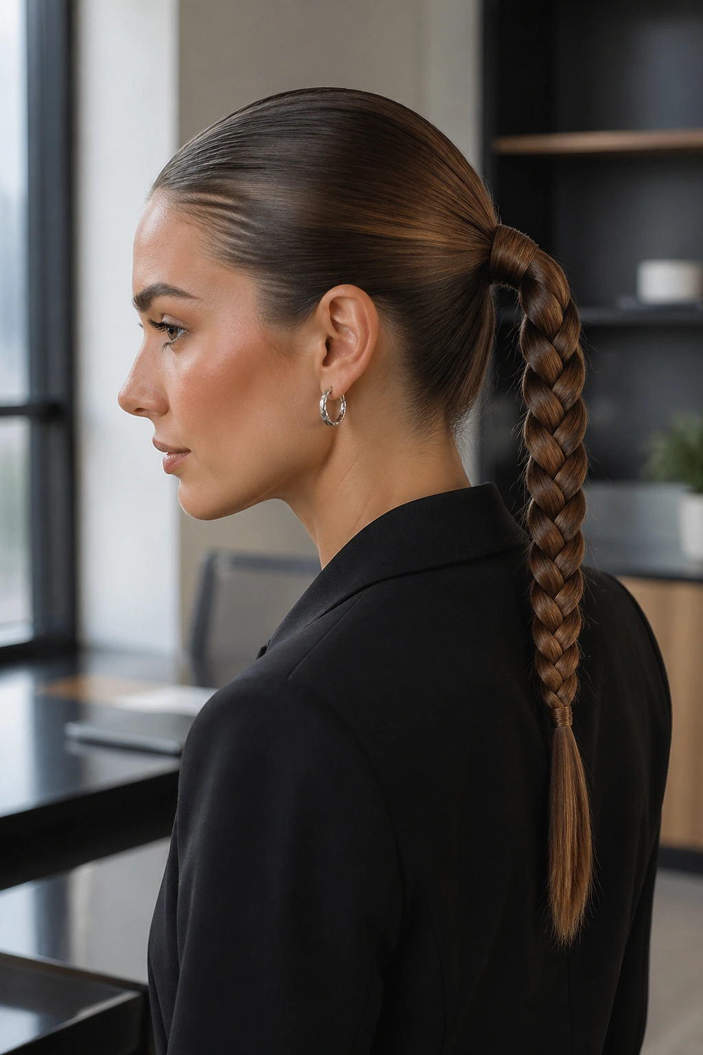 Close-up portrait of a real woman with a sleek snake braid ponytail and wrapped base in a modern office