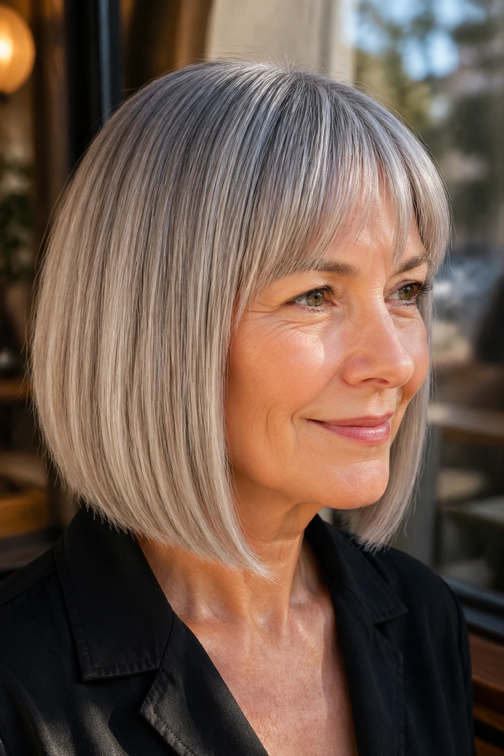 Close-up of a real woman with a sleek straight lob and blended bangs in a cafe
