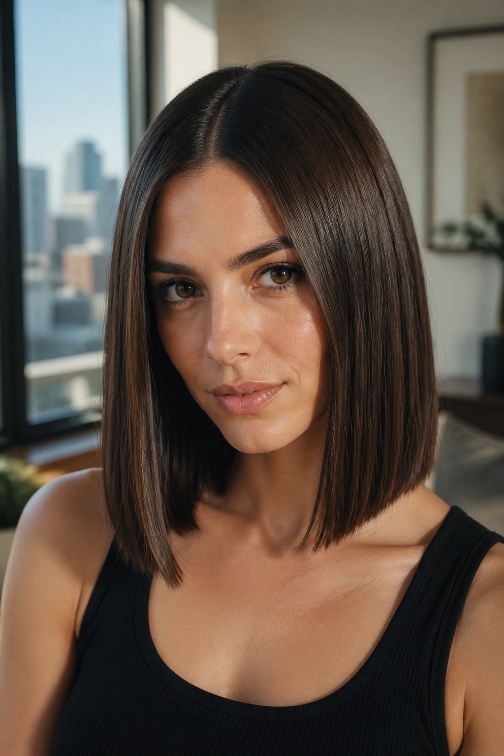 Close-up portrait of a real woman with a sleek straight lob and blunt glossy ends.