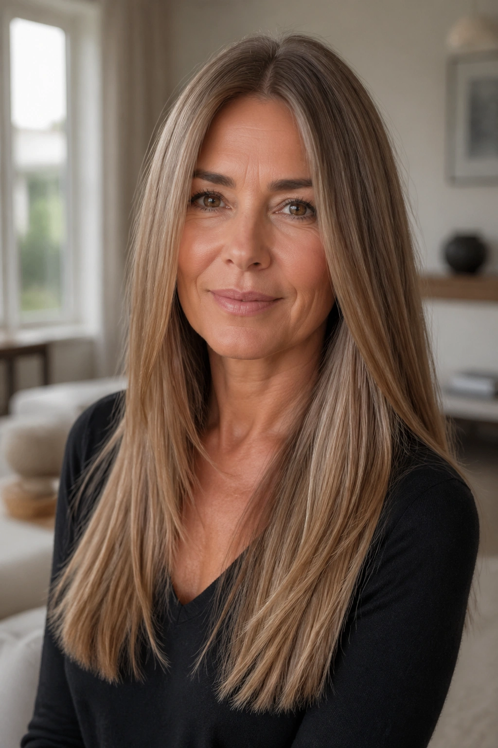 Real woman with sleek straight long hair in natural light