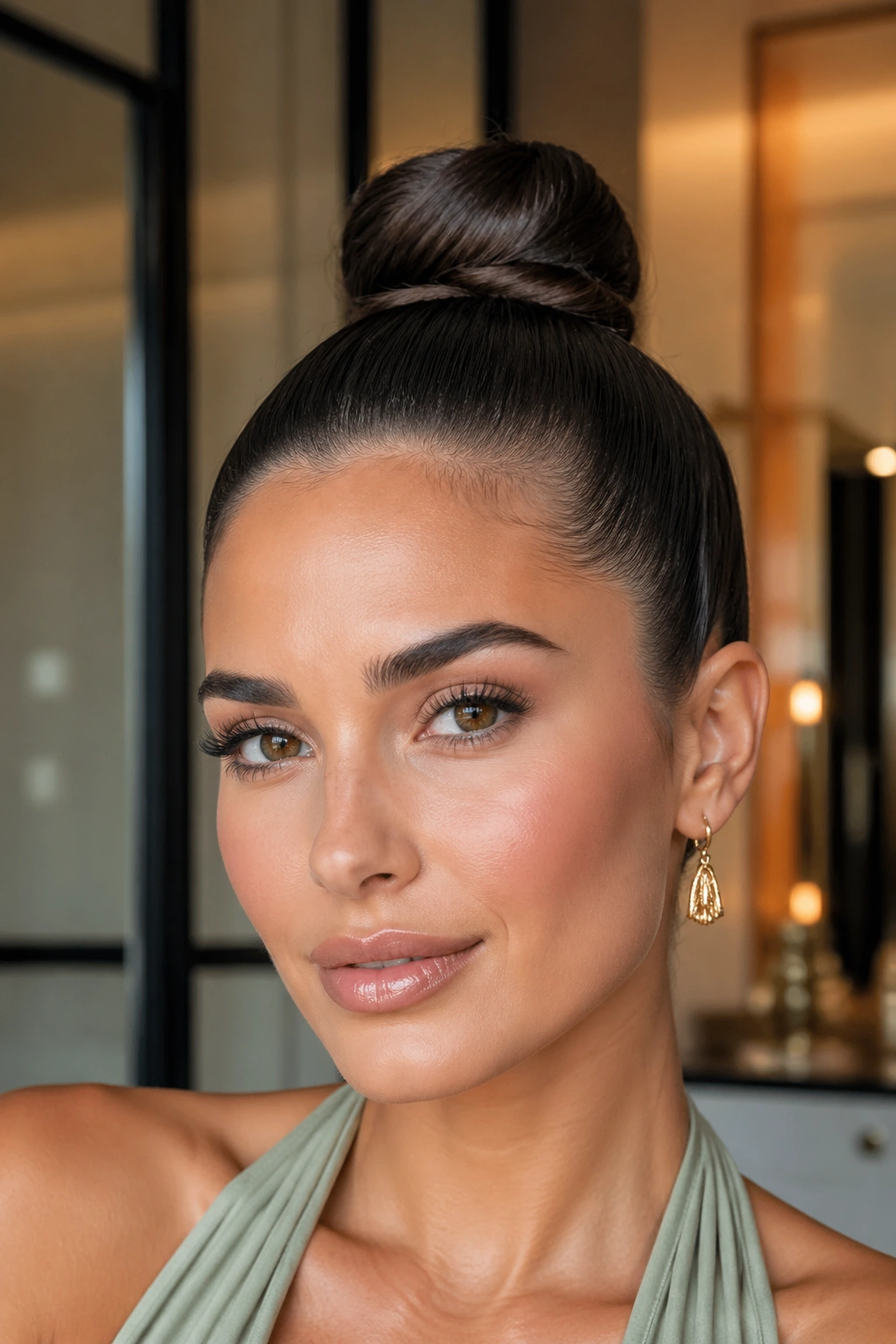 Close-up of a real woman with a sleek top knot and smooth styling