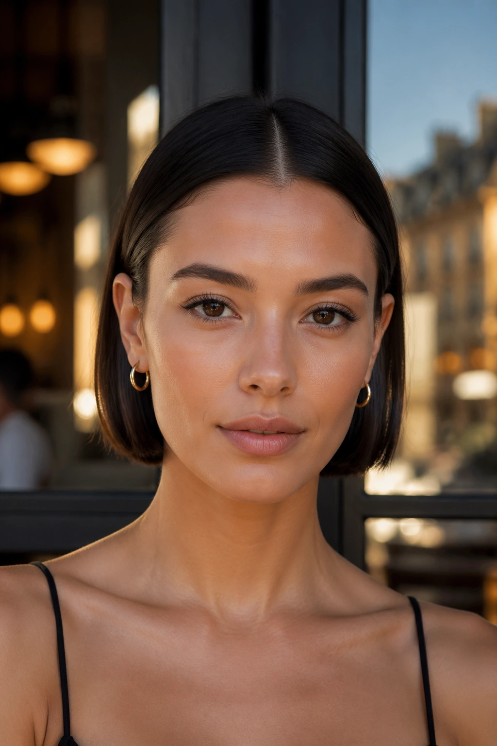 Close-up of a woman with sleek tucked-behind-ears bob in cafe window light