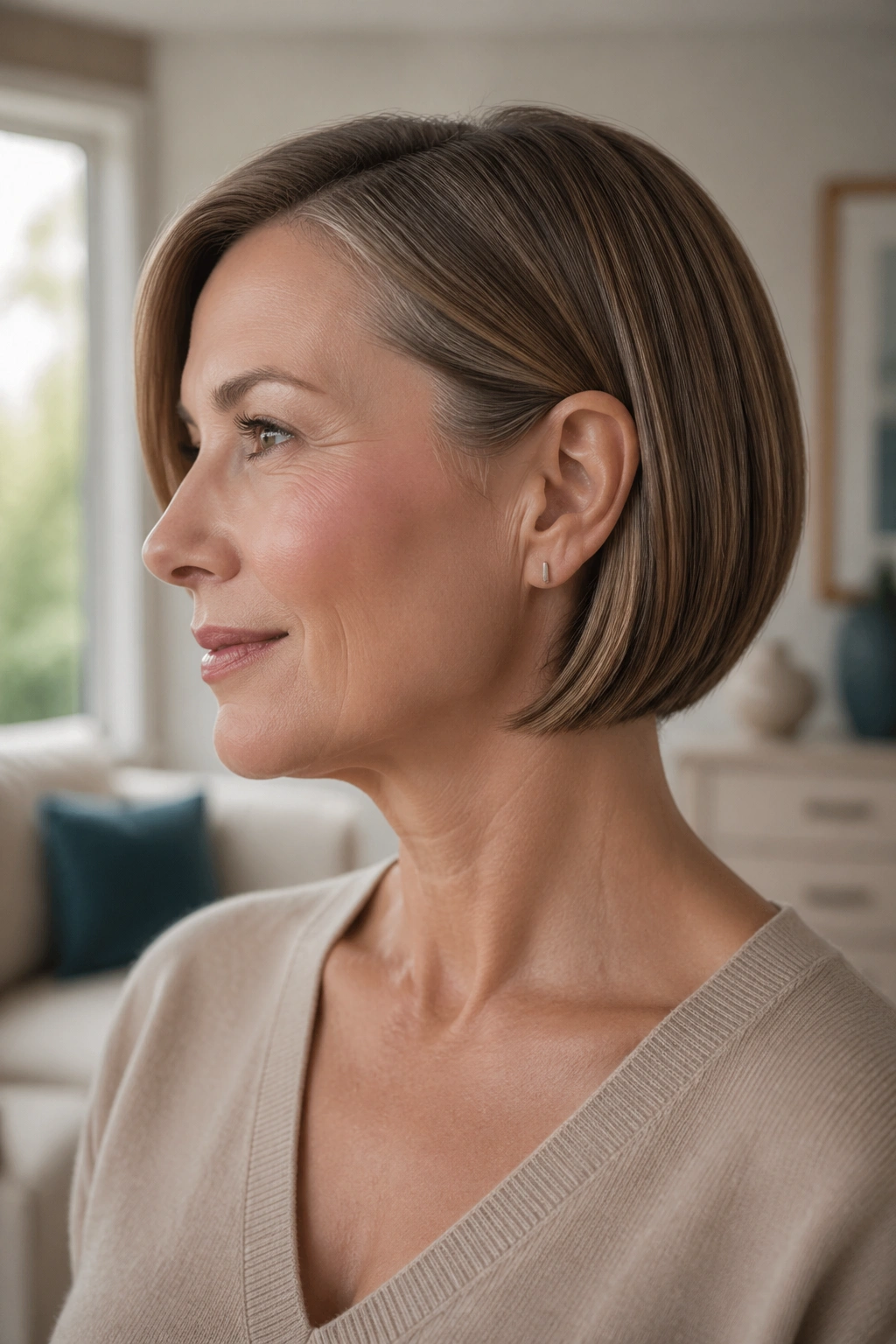Portrait of real woman with sleek tucked bob tucked behind one ear