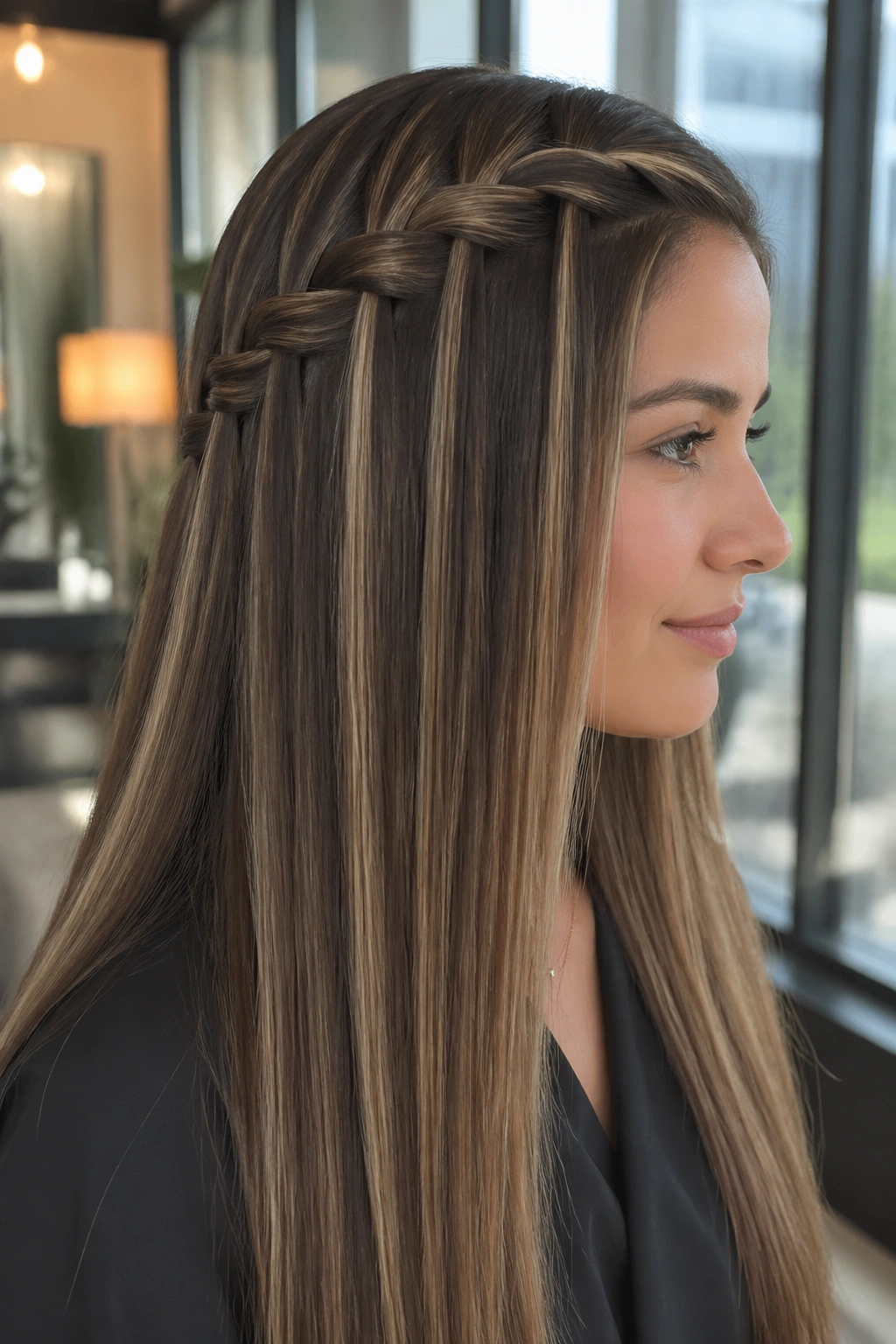 Close-up of sleek waterfall braid on straight hair with babylights