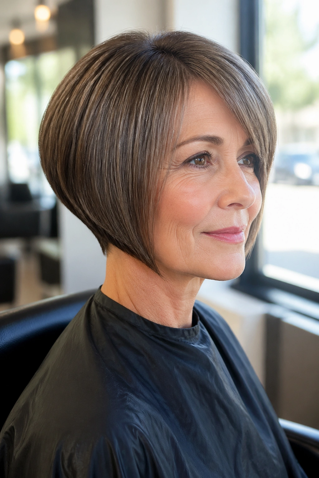Close-up of a real woman with a sleek wedge haircut and sharp outline in natural window light