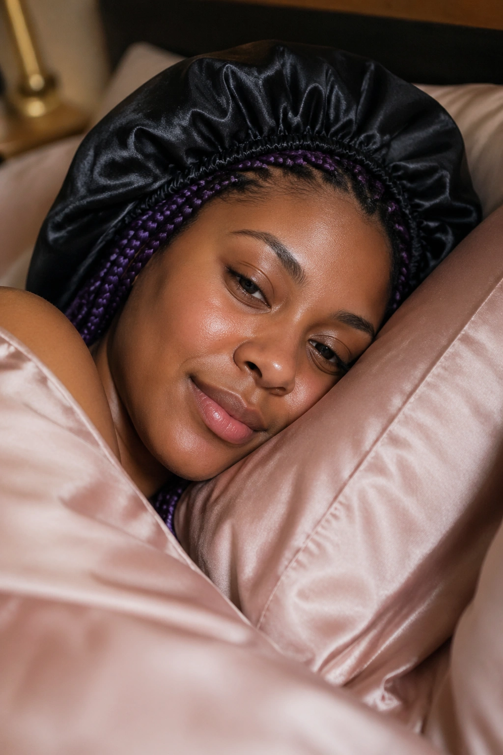 Woman in satin bonnet with purple braids in bed