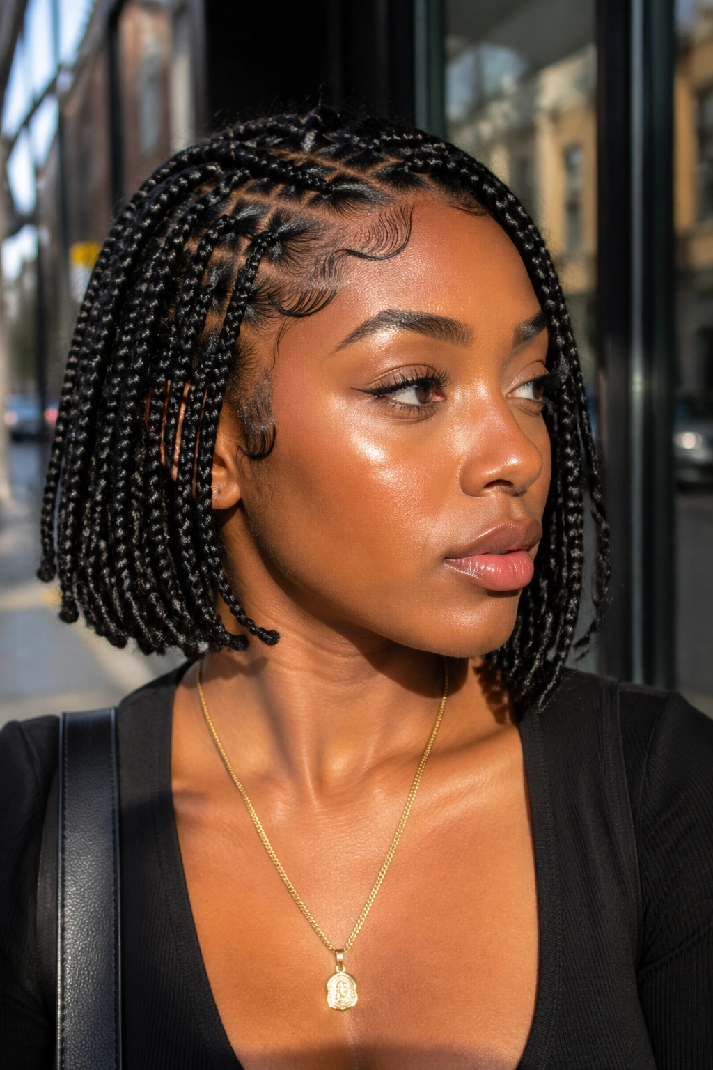 Close-up of a real woman with slick-edged short boho box braids and a sharp perimeter