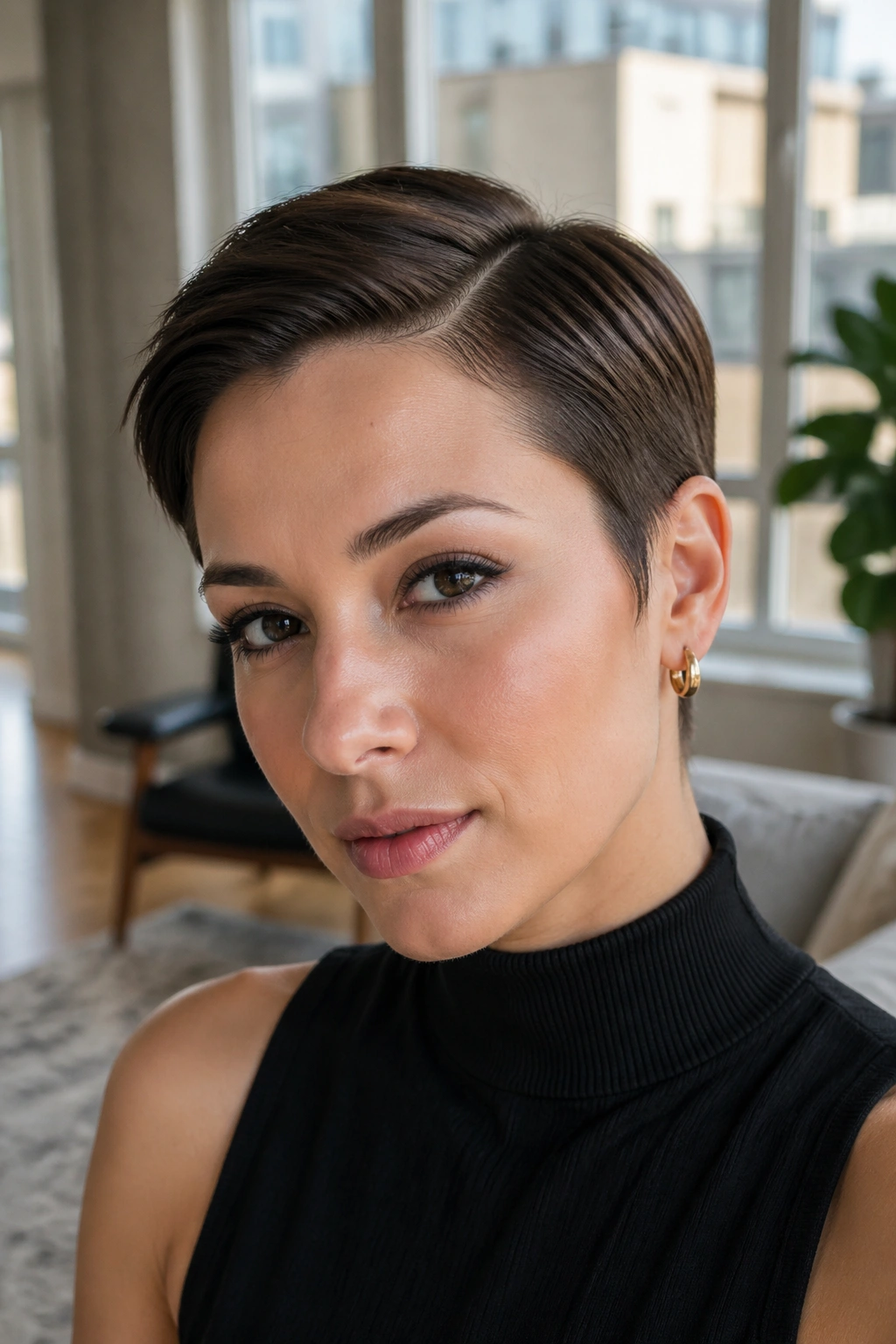 Portrait of a real woman with a slick side-part pixie hairstyle