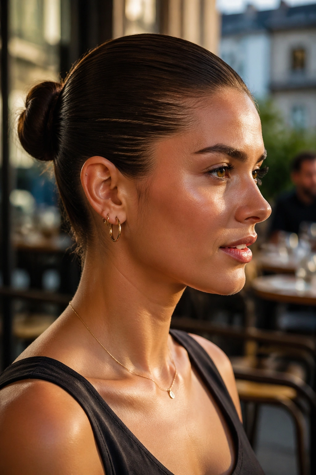 Close-up of a real woman with a slicked-back bun in urban daylight