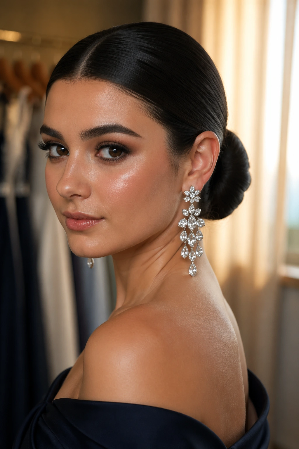Close-up portrait of a real woman with slicked-back bun and statement earrings in warm window light