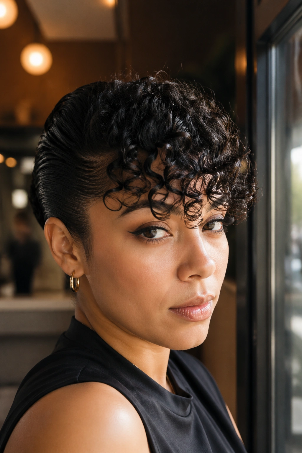 Close-up portrait of a woman with slicked-back curls and bold curtain bangs