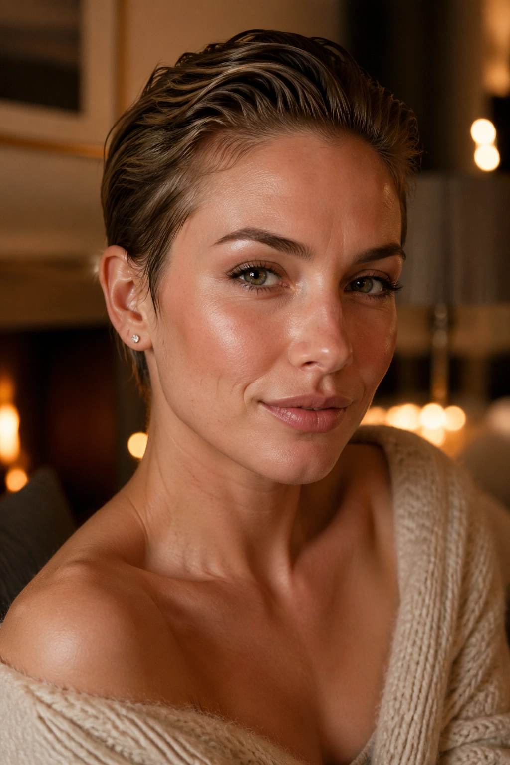 Close-up of a real woman with slicked-back pixie with a soft finish in warm evening light