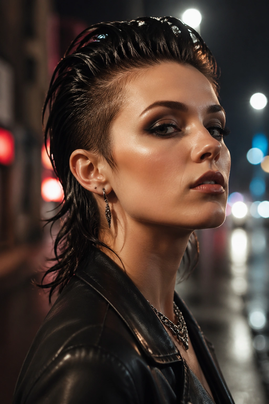 Portrait of real person with slicked-back punk pixie mullet in urban night setting