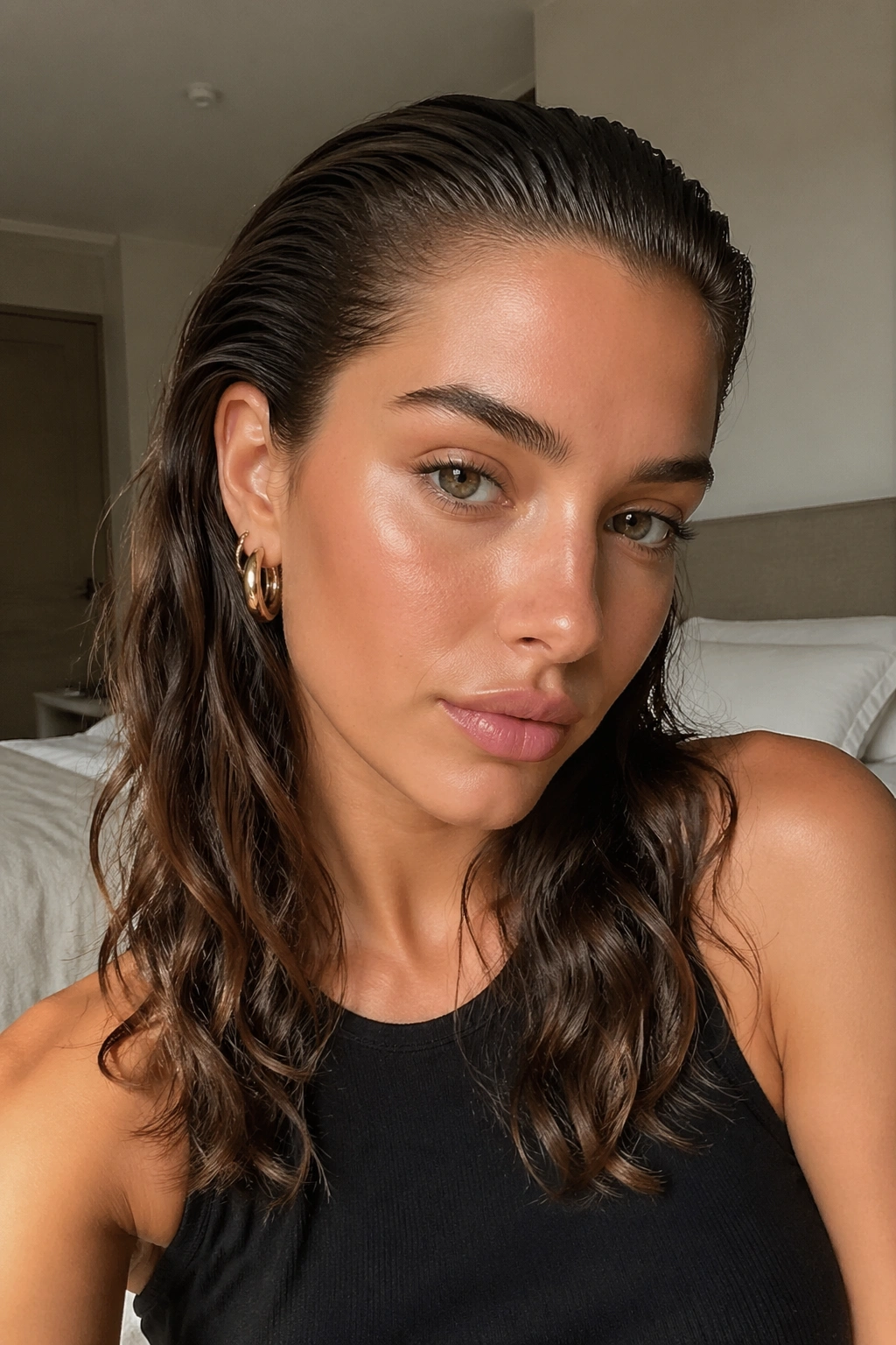 Portrait of a woman with a slicked-back top and soft ends in natural light