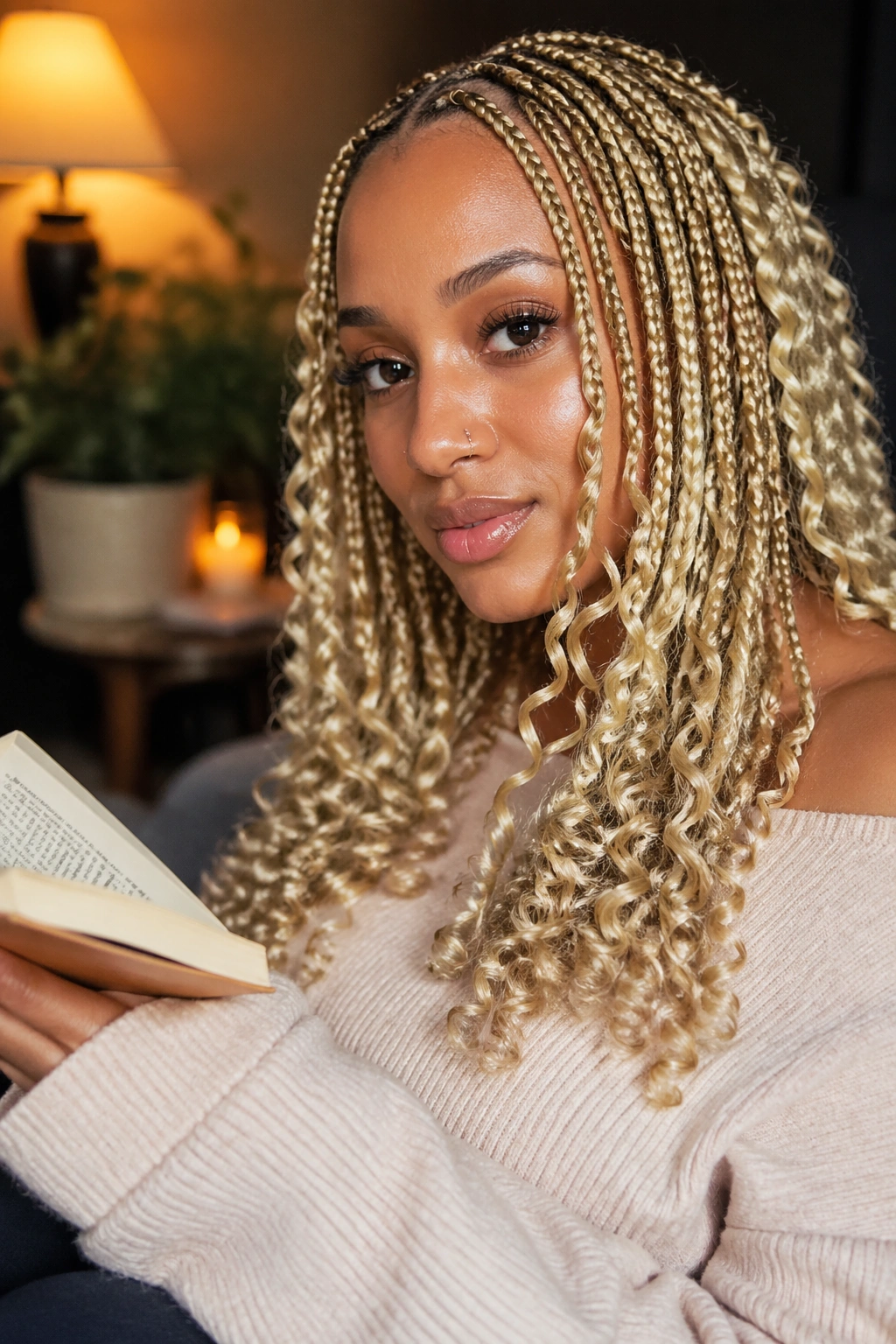 Close-up of small blonde goddess box braids on a real person.