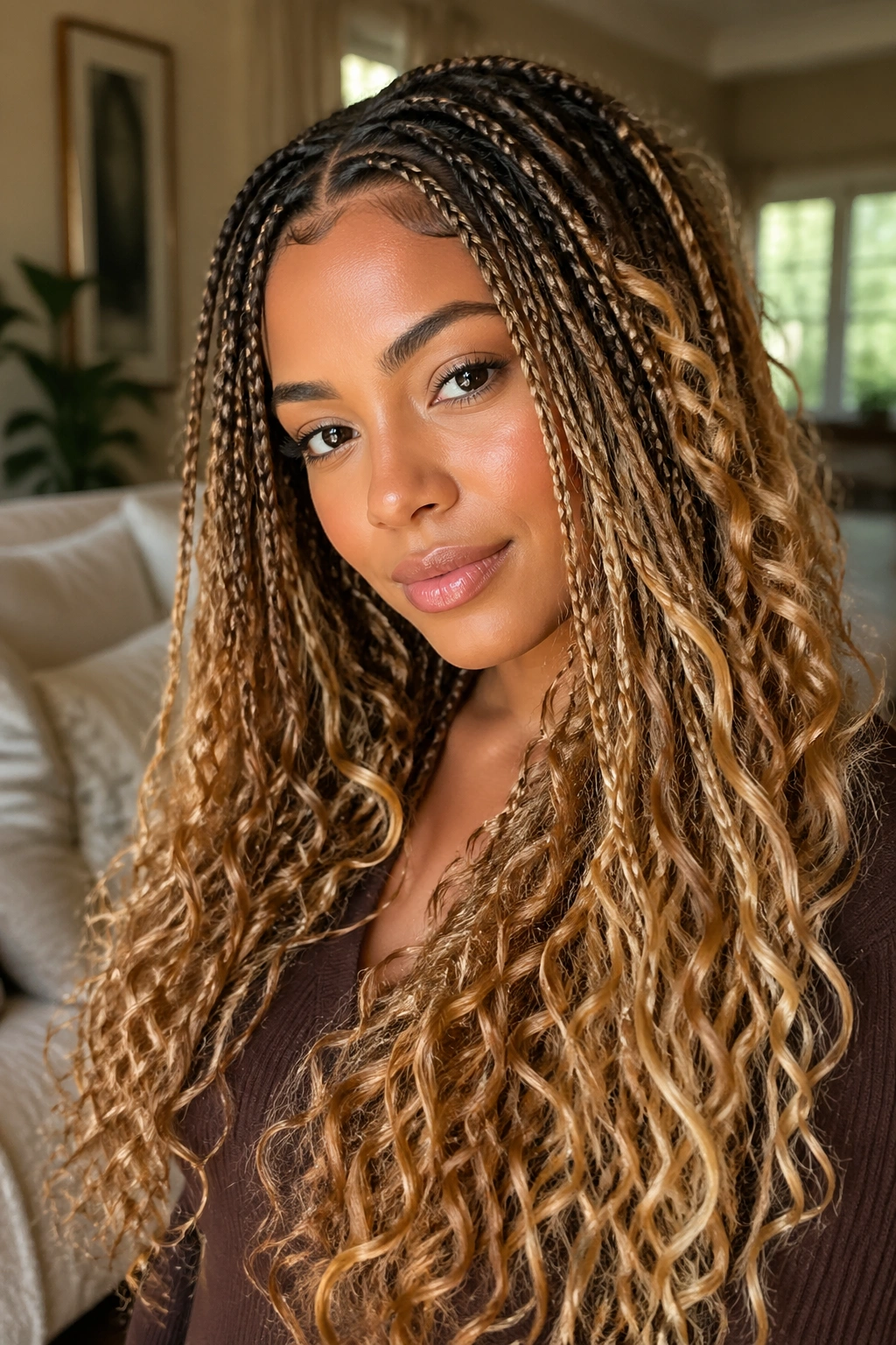 Close-up of small box braids with heavy curls on a real person.