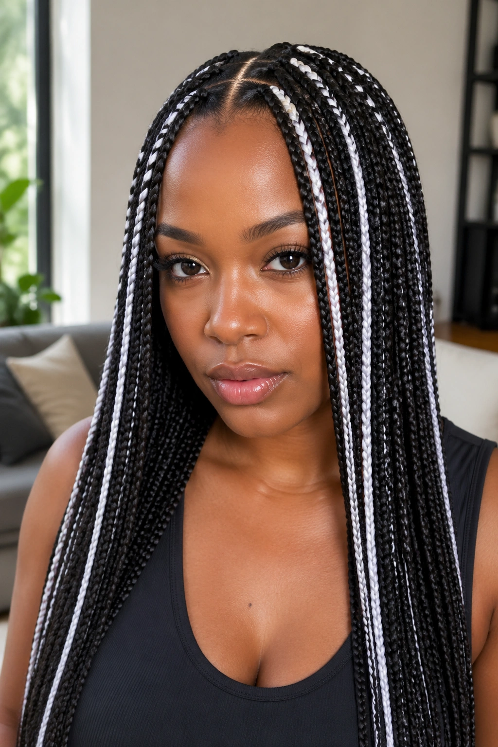 Close-up of a real woman with small box braids and alternating white feed-ins
