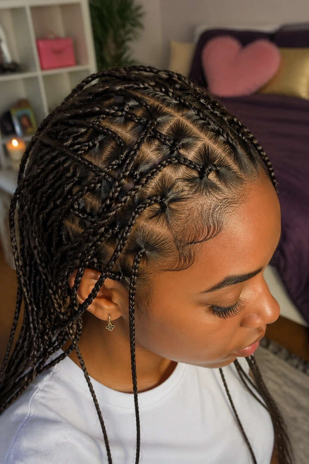 Real person with small butterfly braids across the scalp in a softly lit room
