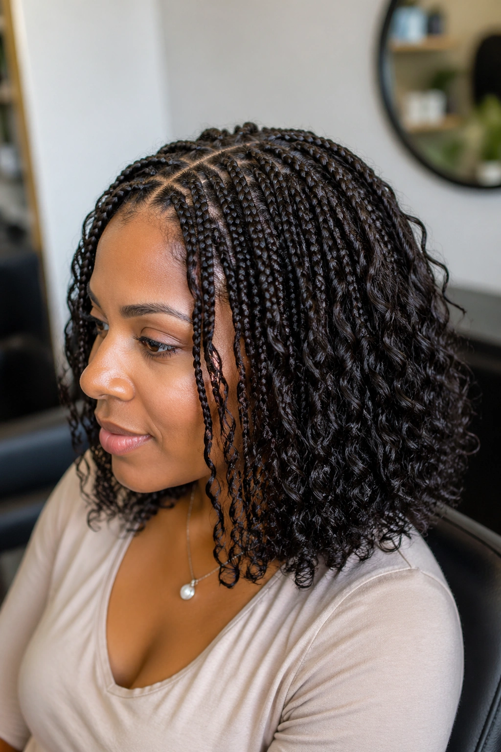 Close-up of real person with small-part knotless boho braids showing dense, narrow parts