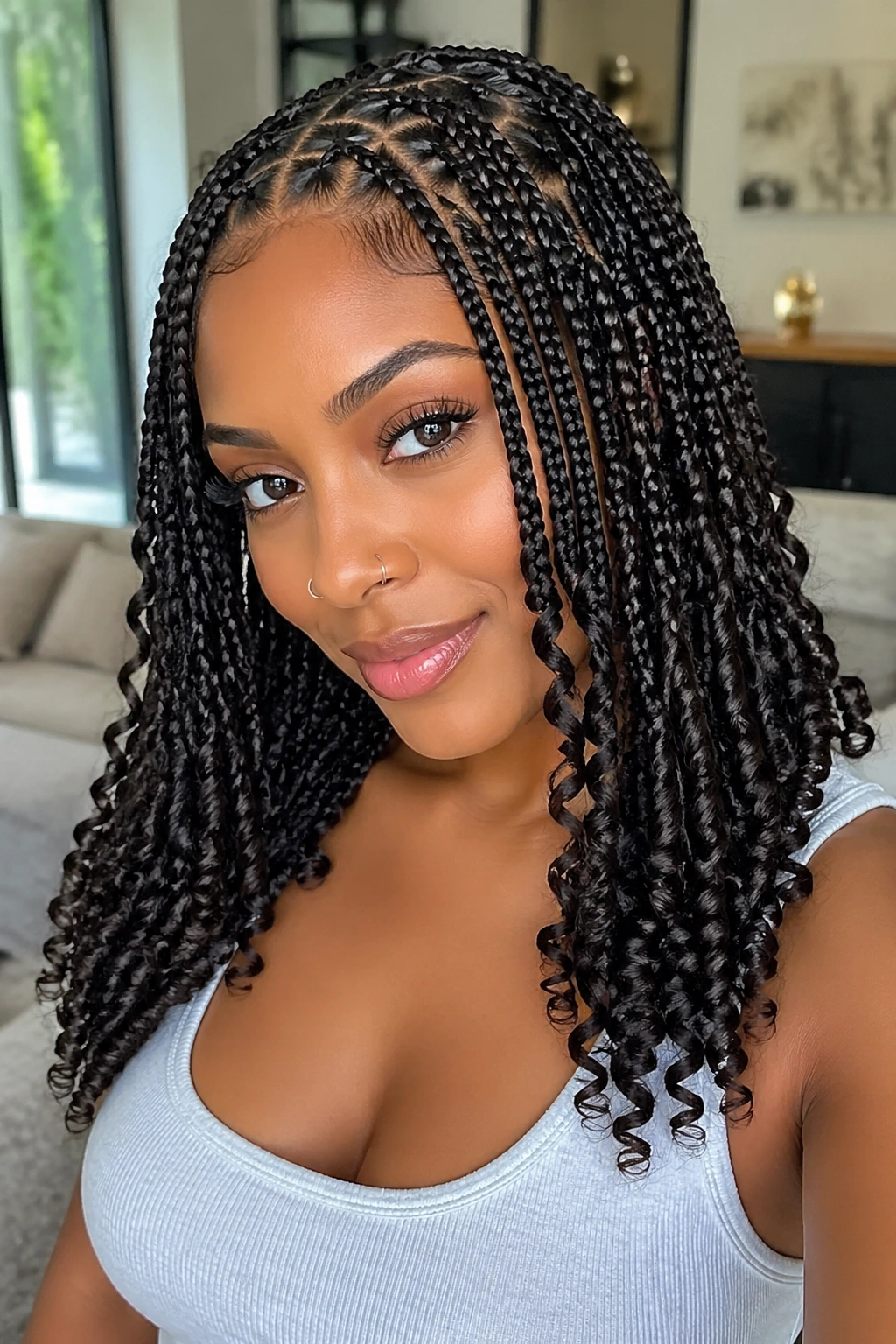 Close-up of a real woman with small triangle-part braids and tight wand curls in a bright living room