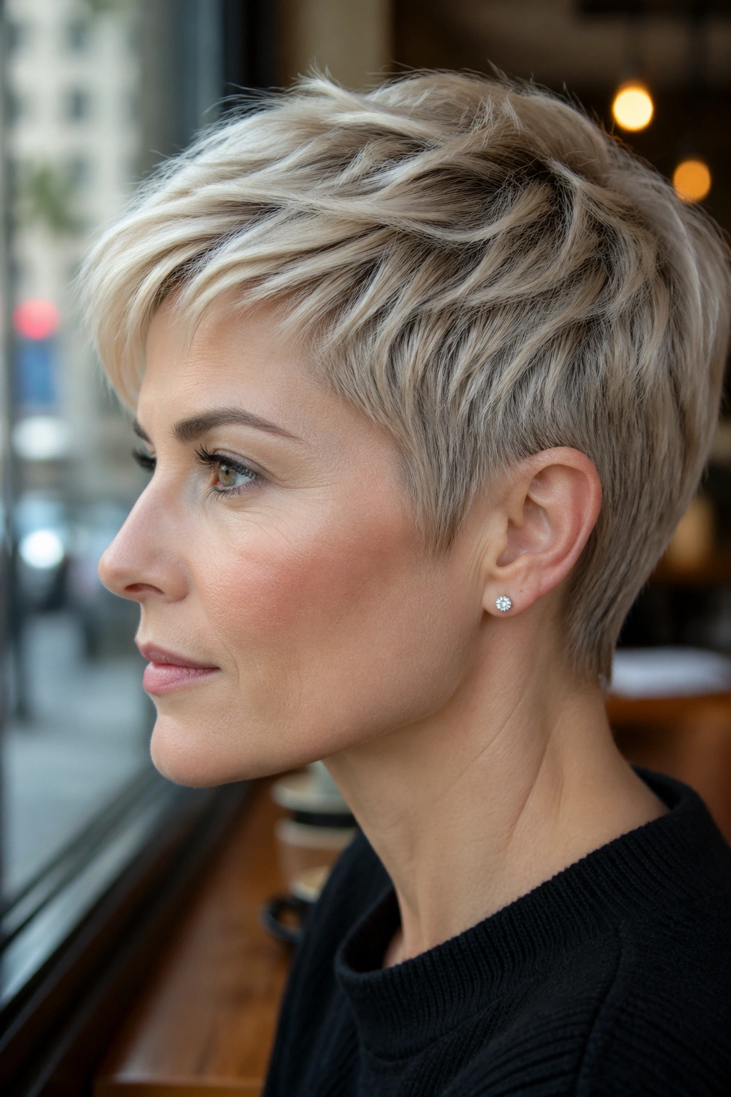 Close-up portrait of a real woman with smoke blonde pixie cut in natural window light