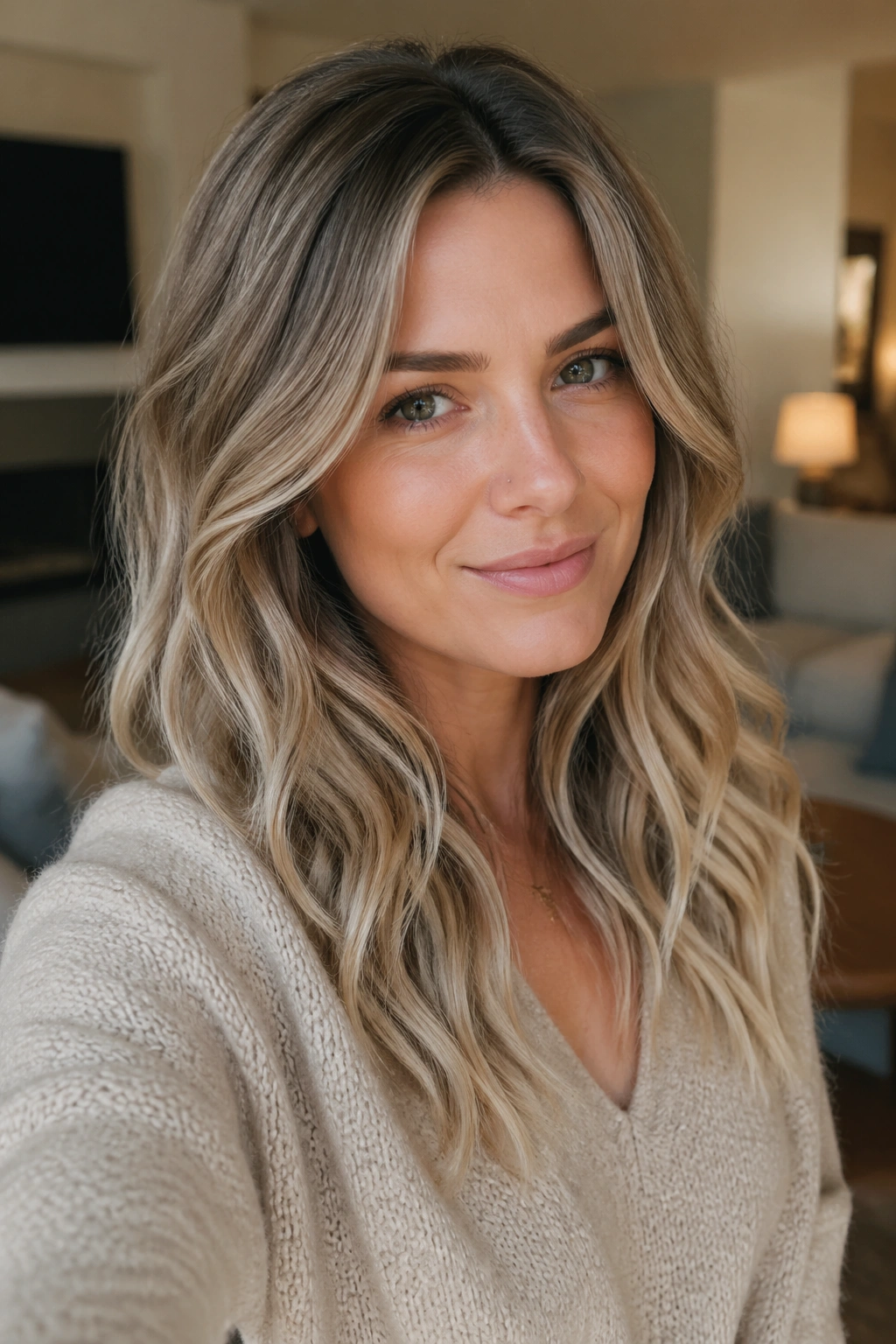 Close-up of a real woman with smoke-and-sand ombré hair.