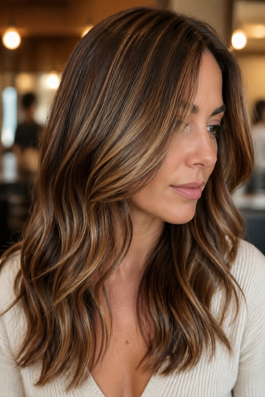 Real woman with smoked caramel glaze softening highlights on light brown hair
