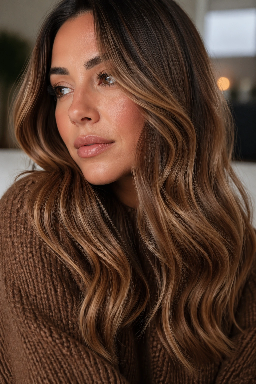 Close-up of smoked caramel hair with beige glaze on medium brown hair