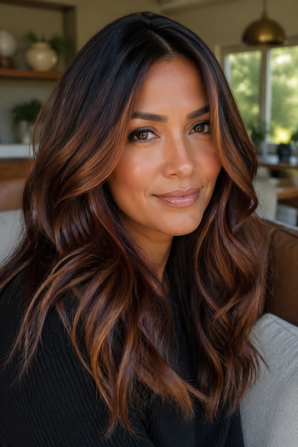 Close-up portrait of a real woman with smoked copper brunette hair in warm window light
