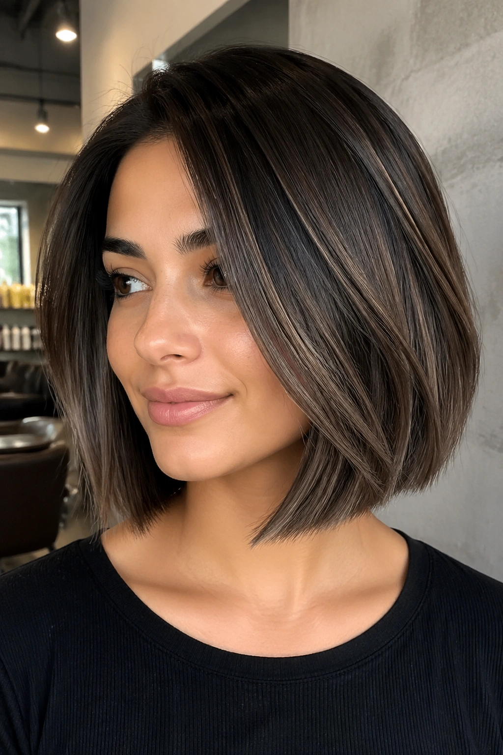 Close-up of a real woman with smoky ash balayage bob on dark brown hair