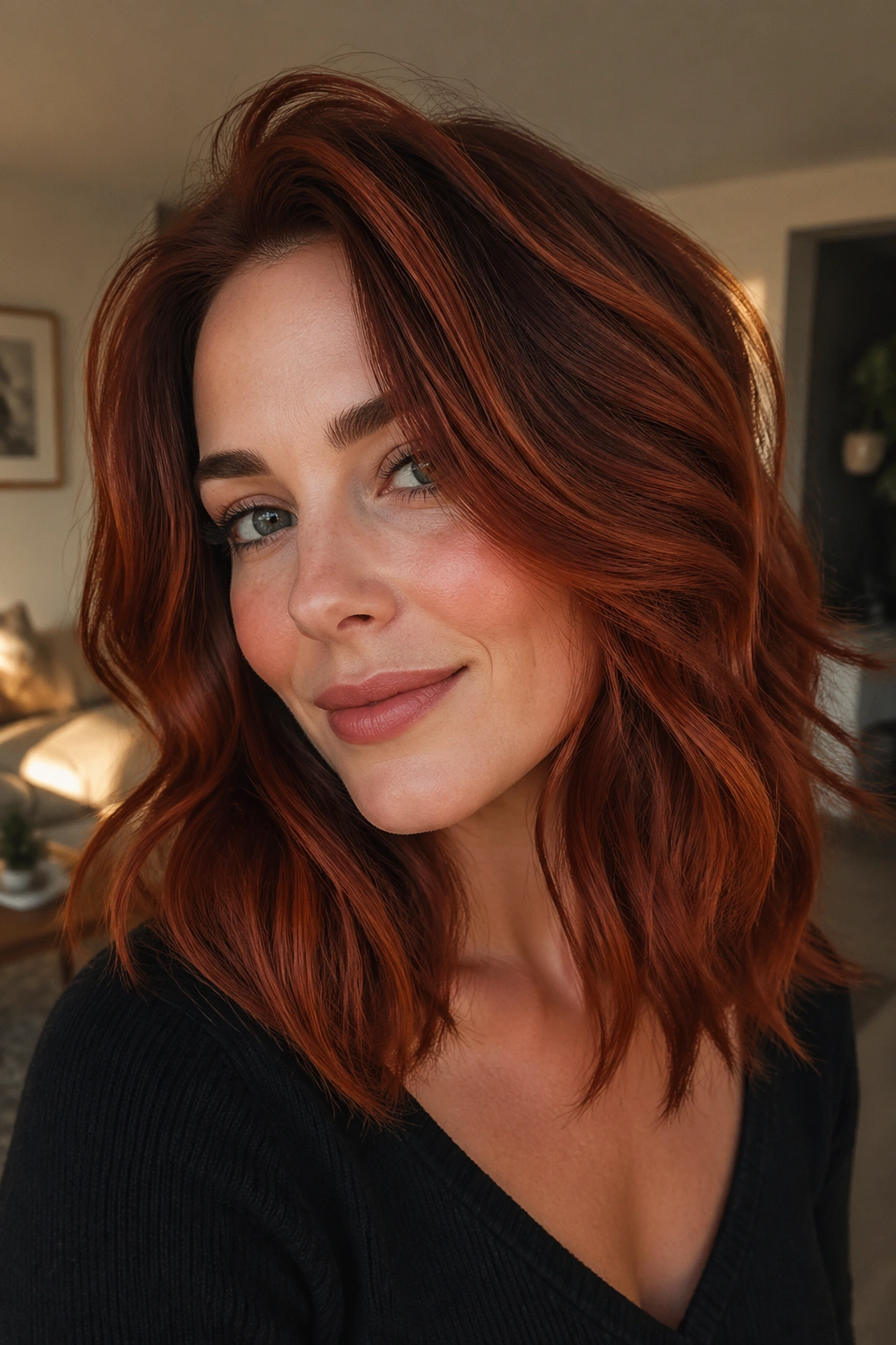 Real woman with smoky auburn orange hair in soft sunlight