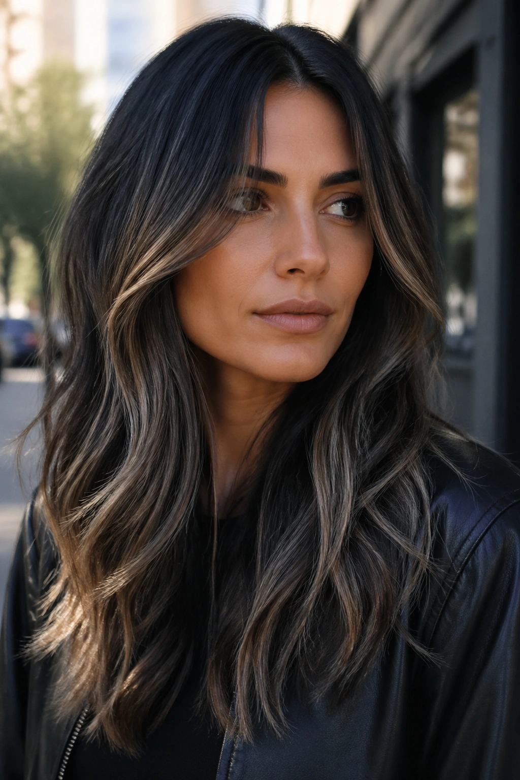Close-up of a real woman with smoky balayage on dark hair in daylight