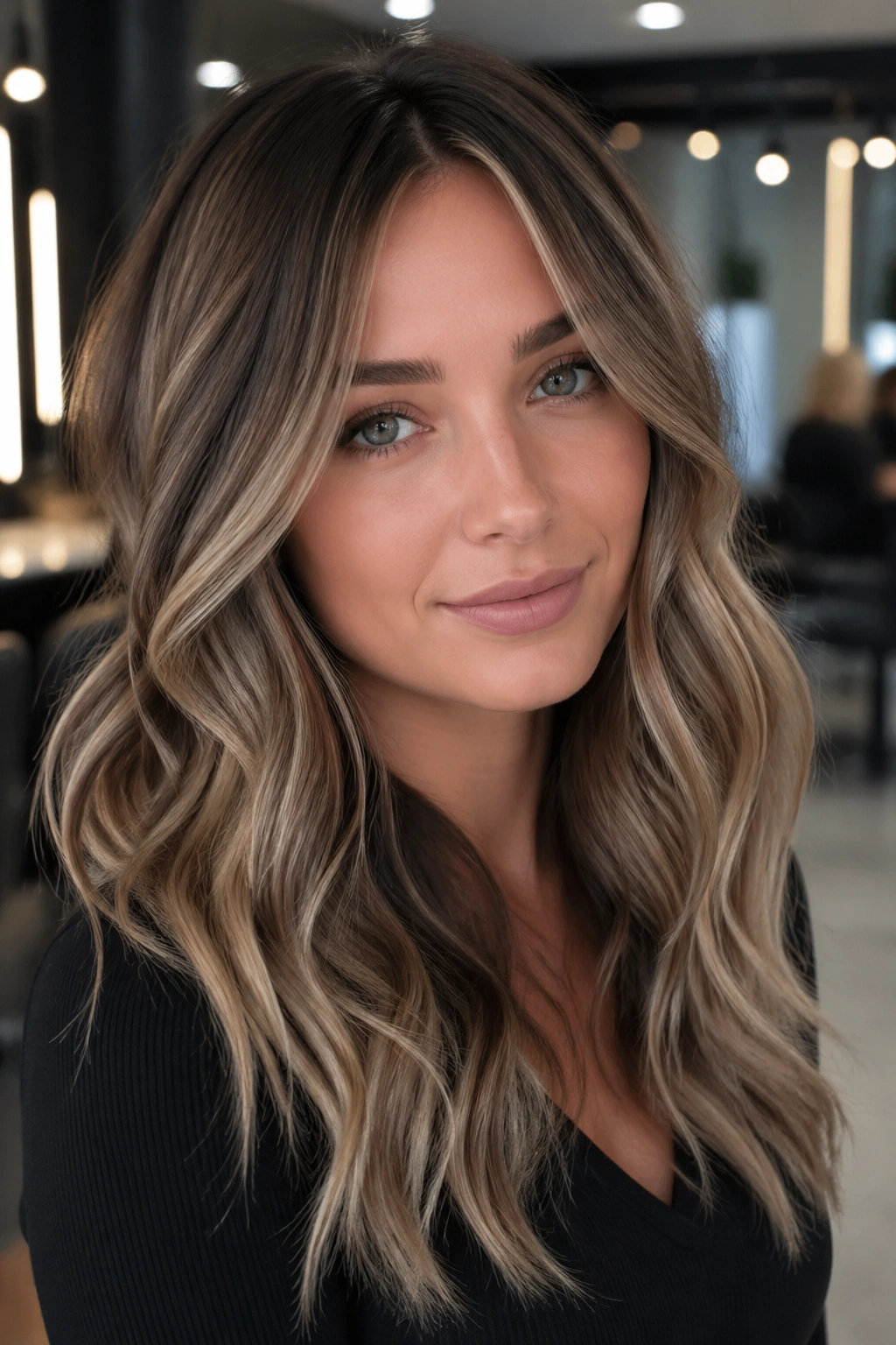 Close-up of a real person with smoky beige balayage in salon lighting