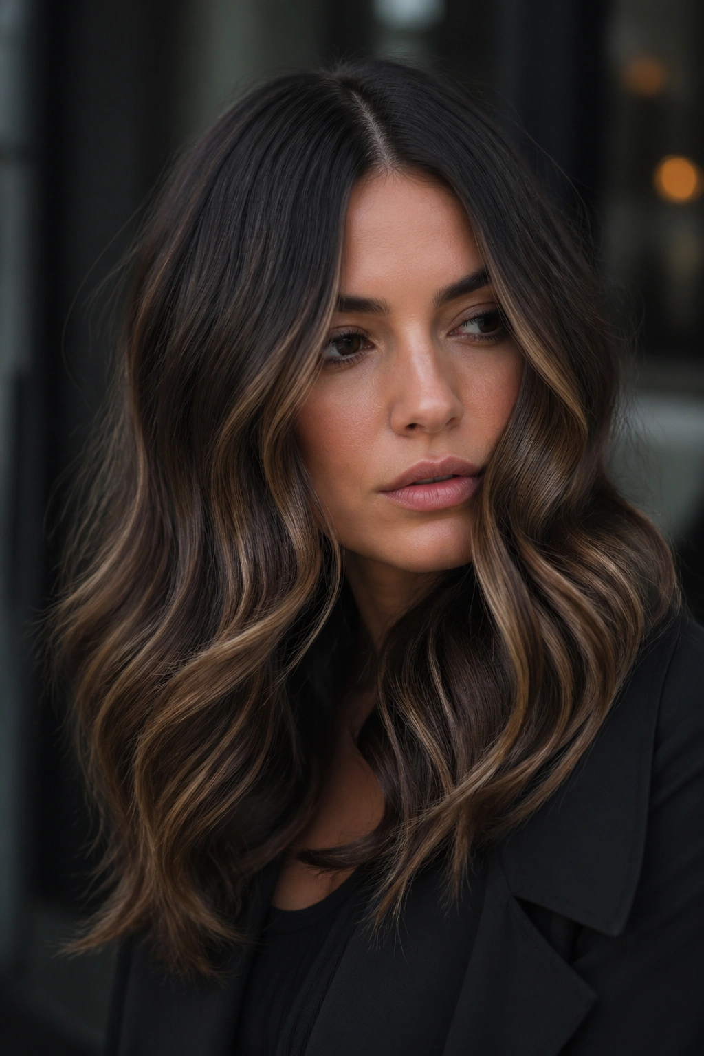 Smoky brown caramel blend on cool brunette with middle part and waves