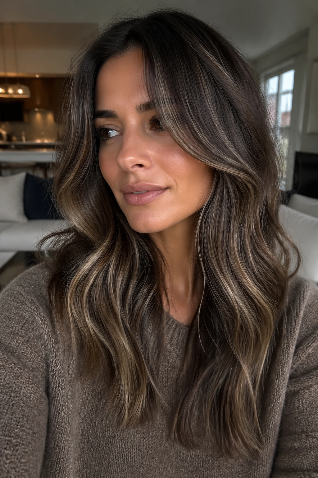 Close-up portrait of a woman with smoky brunette balayage in a warm living room