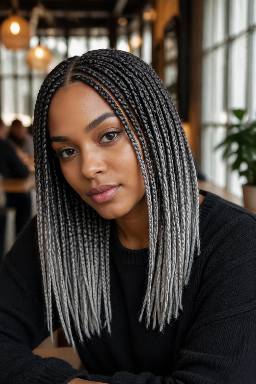 Real person with smoky grey ombré box braids in a portrait