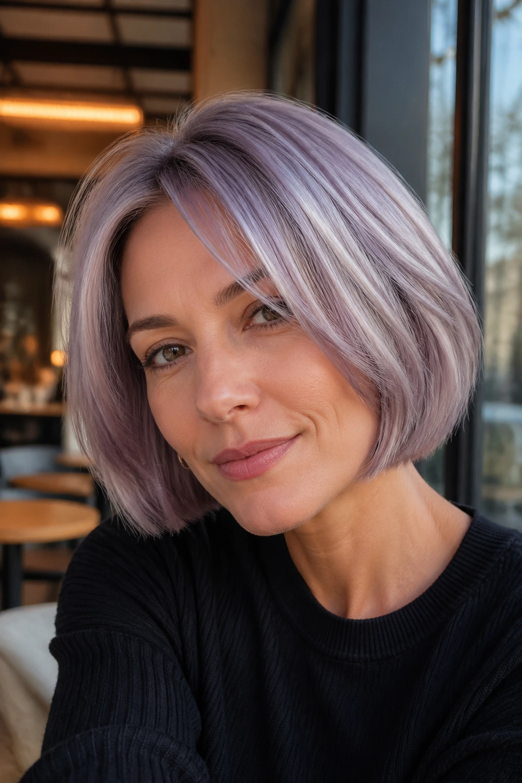 Close-up portrait of a real woman with smoky lavender holographic bob.