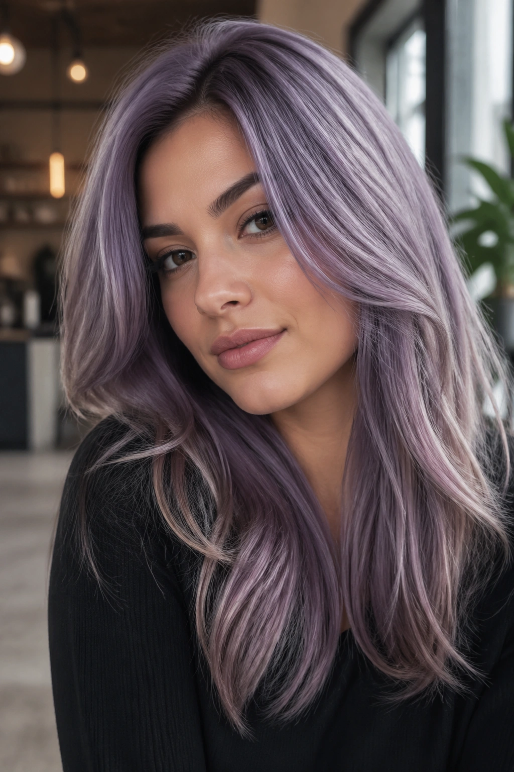 Close-up of real woman with smoky lilac hair.