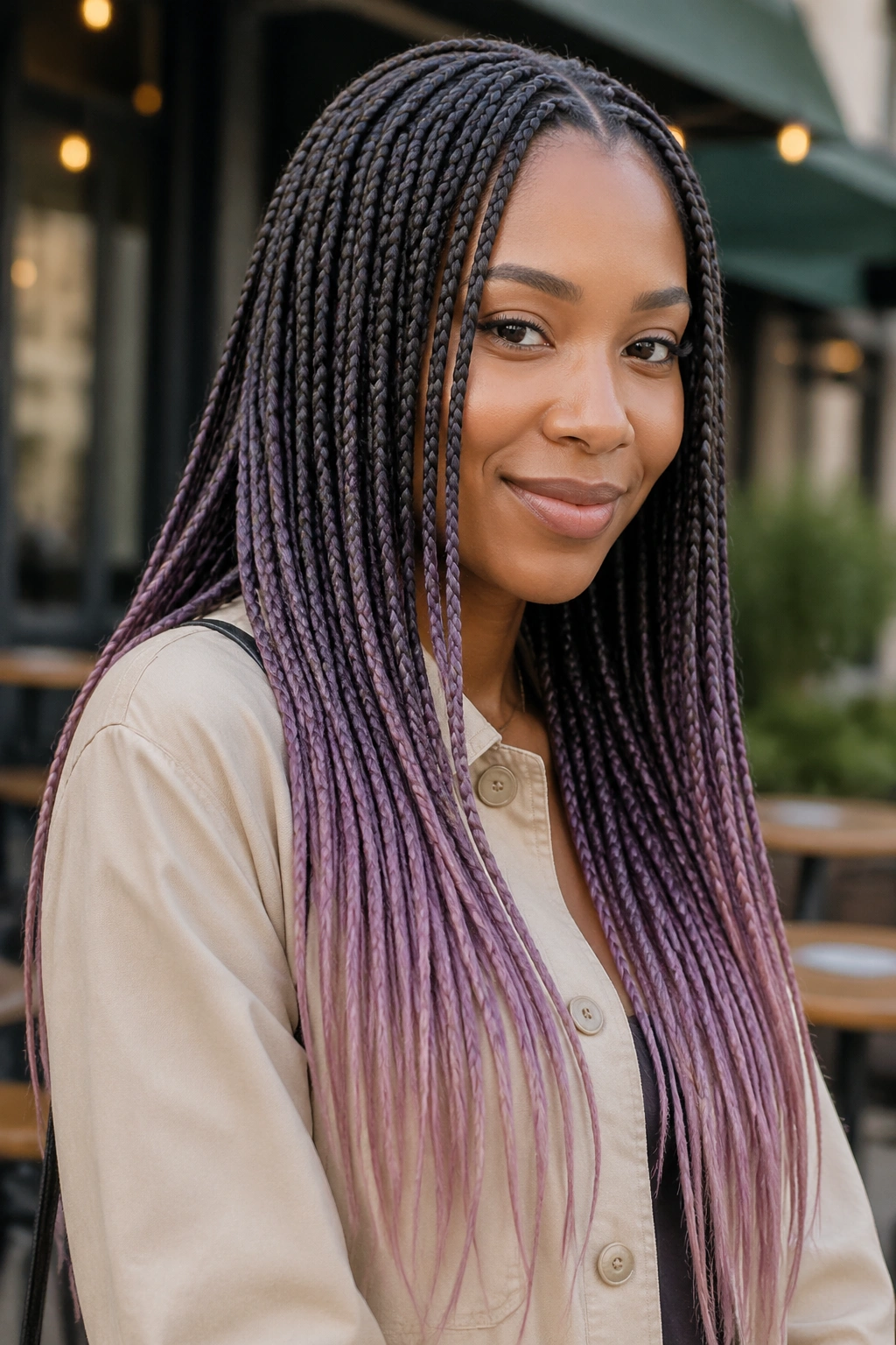 Close-up of knotless braids with smoky lilac tips on a real woman
