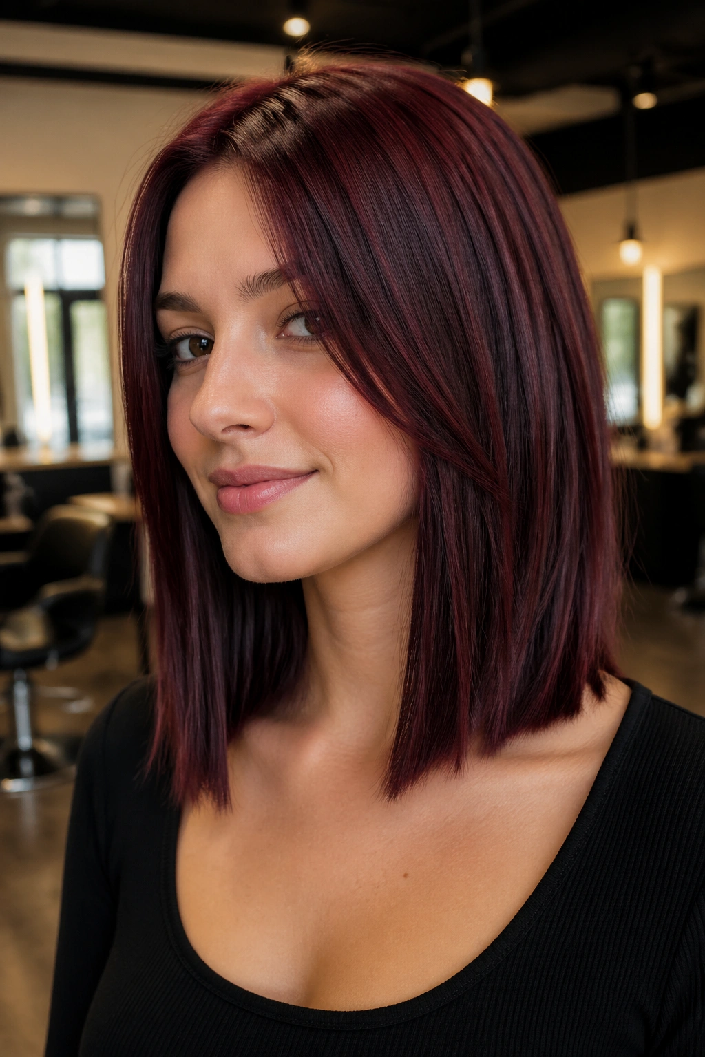Portrait of a real person with smoky mahogany hair and cool lowlights in a modern salon